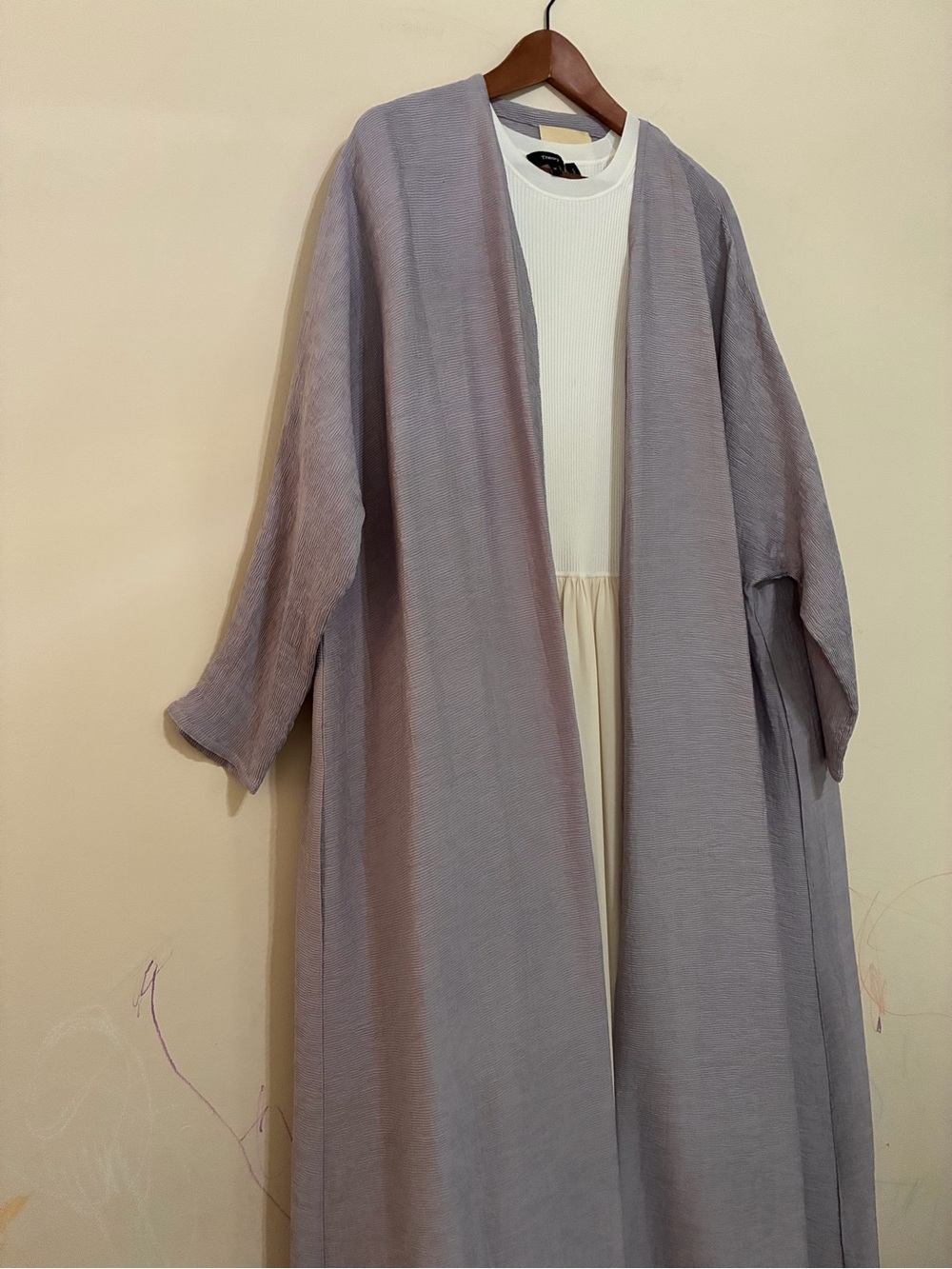 Women's Open Front Lavender Gray Long Duster Abaya Coat - Picture 3 of 8